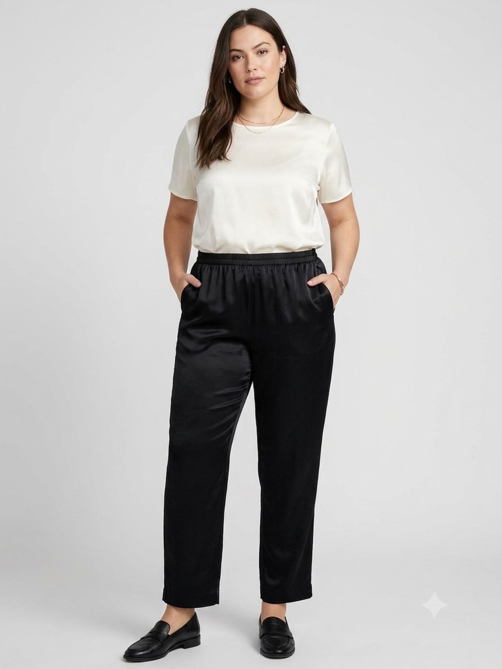 R & M Richards Black Satin Rayon Blend Straight-Leg Pants. Size 12P.      WP 44